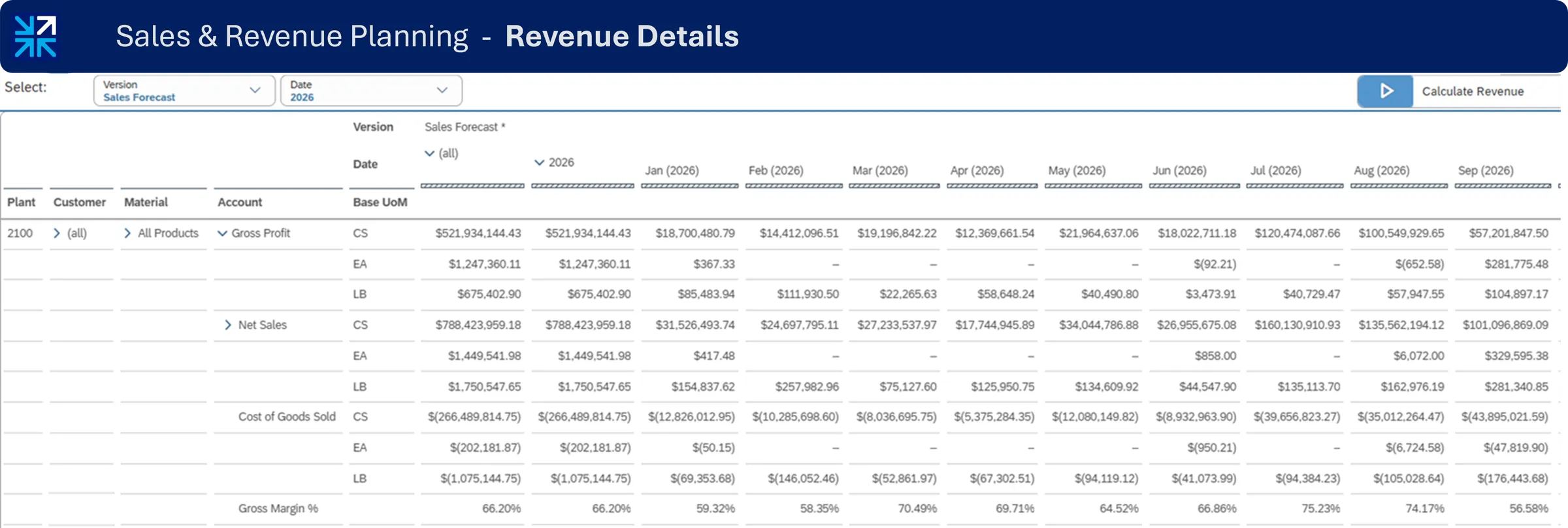 Revenue and plan-versus-actual detail view in SAC